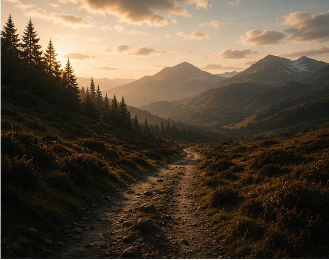 A rugged path winding through a dramatic landscape