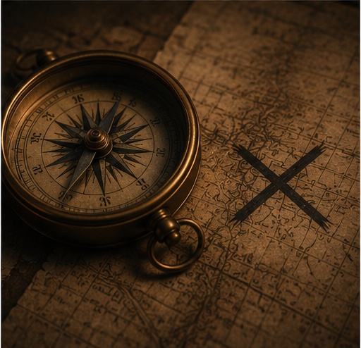 An old map and compass marked with an X