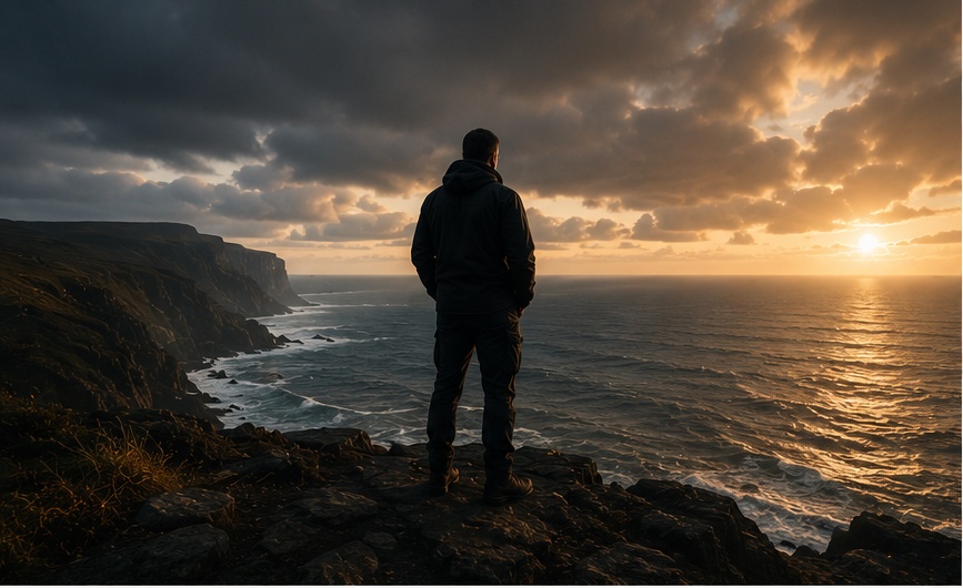 A lone man standing on a cliff looking out to sea